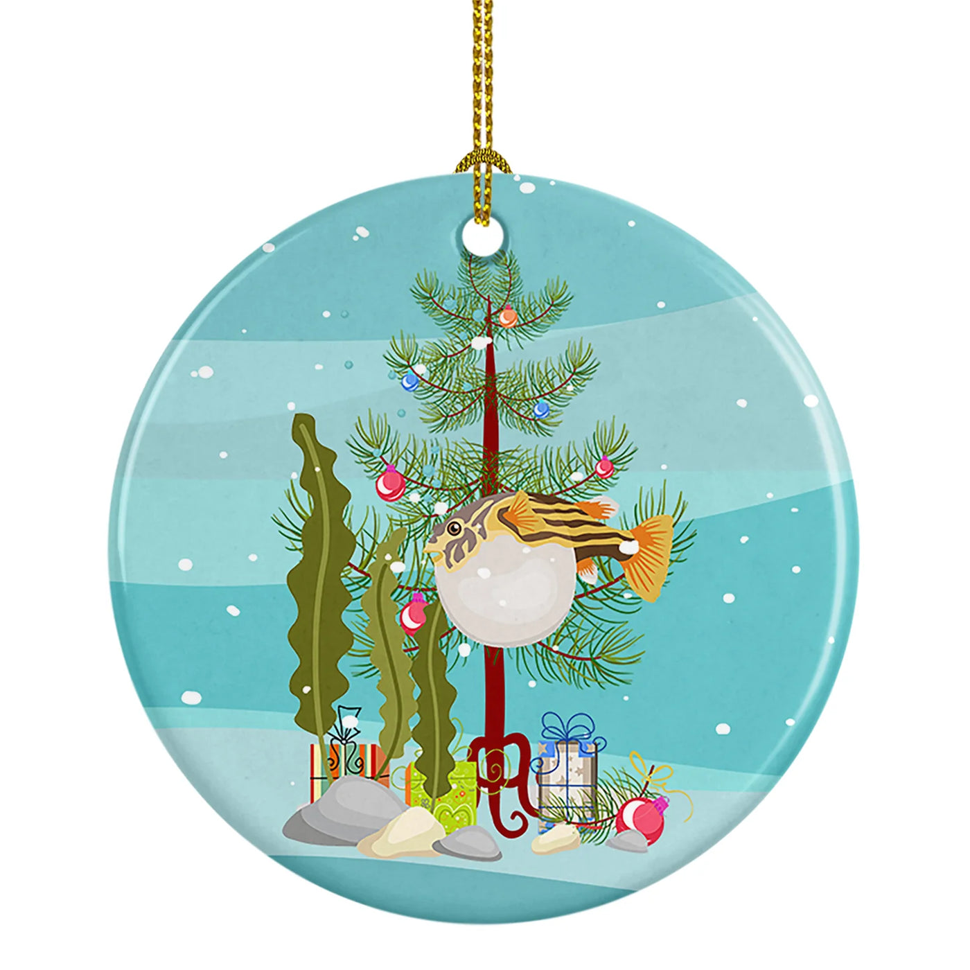 Puffer Fish Merry Christmas Ceramic Ornament