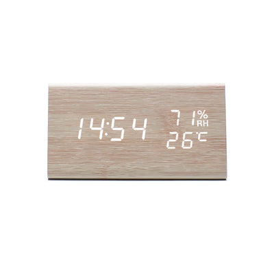 Smart Digital Clock with Wooden Frame Shows Time, Temp, and Humidity