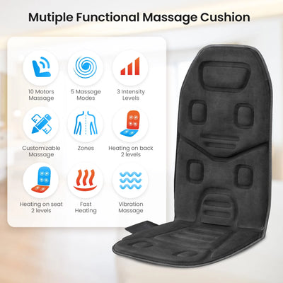 Back Massager Chair Pad, 10 Motors Vibration Massage Seat Cushion with Heat for Home Office Use