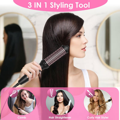 1Pc 3 In 1 Thermal Brush Hair Curler Brush Hair Curler Straightener With 10 Heating Levels 30S Fast Heating Fit For All Hair Types For Home Travel