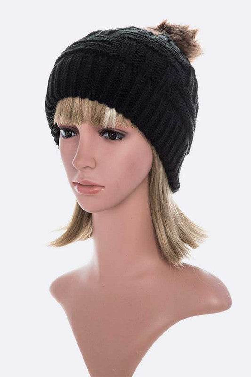 Raised Knit Pompom Beanie