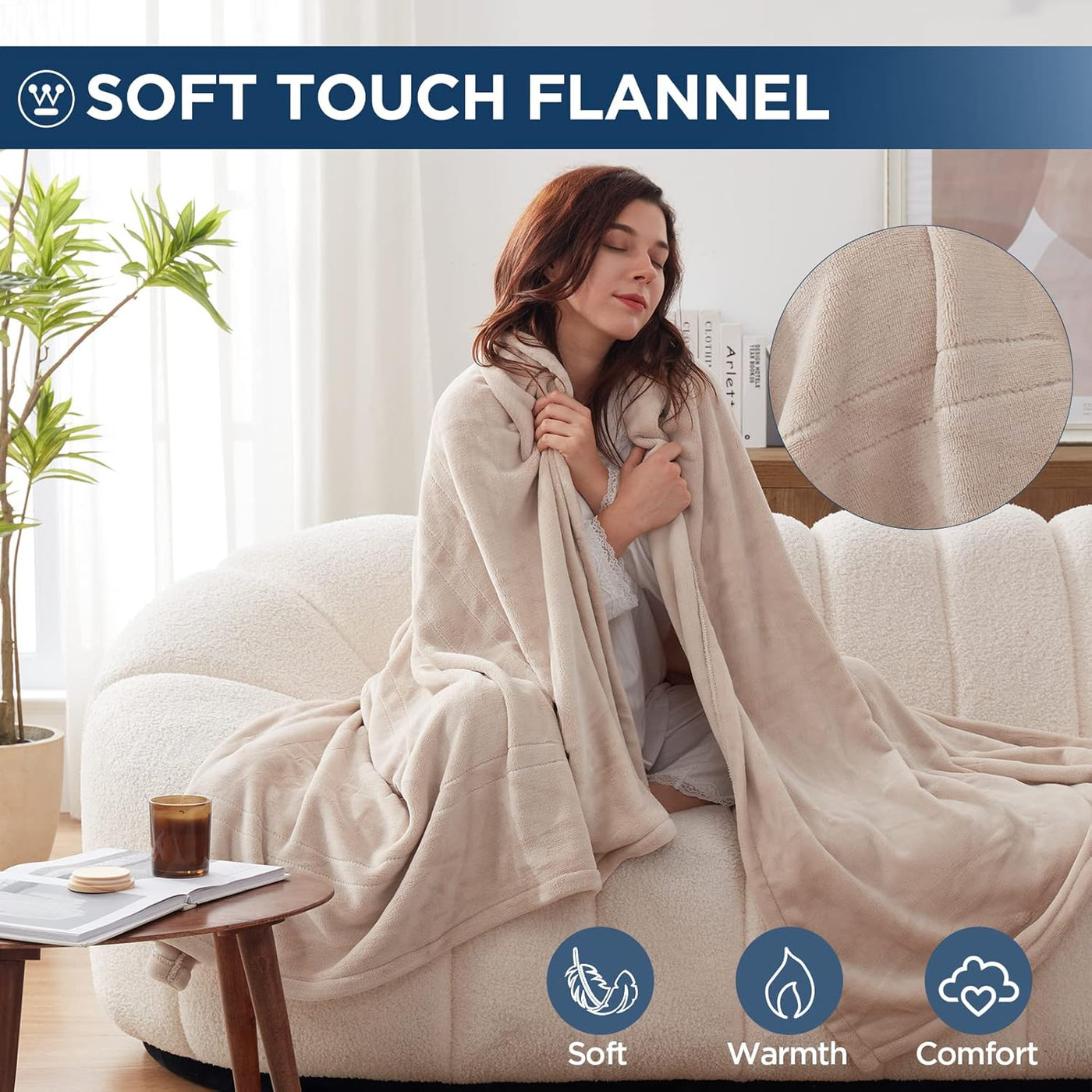 Electric Blanket Heated Throw, Super Cozy Soft Flannel 50"" X 60"" Heated Throw with 6 Fast Heating Levels & 2-10 Auto-Off, Machine Washable, ETL&FCC Certification, Home Office Use, Beige