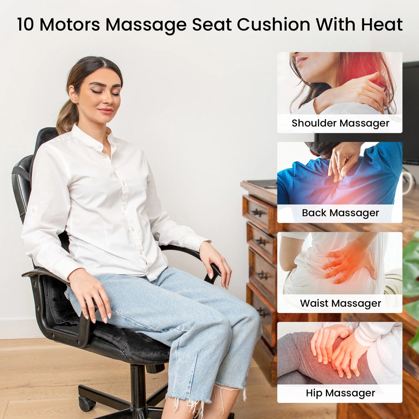 Back Massager Chair Pad, 10 Motors Vibration Massage Seat Cushion with Heat for Home Office Use