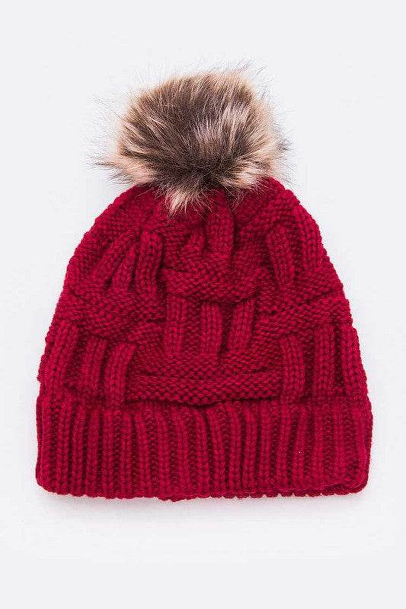 Raised Knit Pompom Beanie