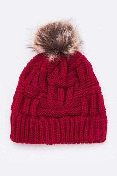 Raised Knit Pompom Beanie