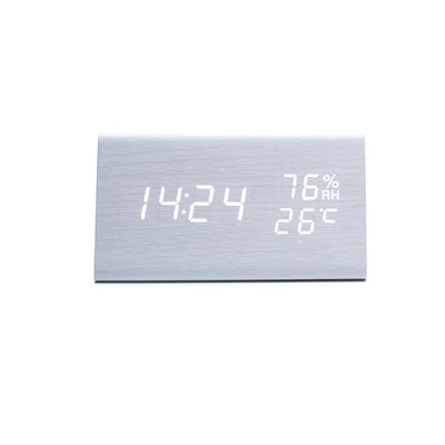 Smart Digital Clock with Wooden Frame Shows Time, Temp, and Humidity