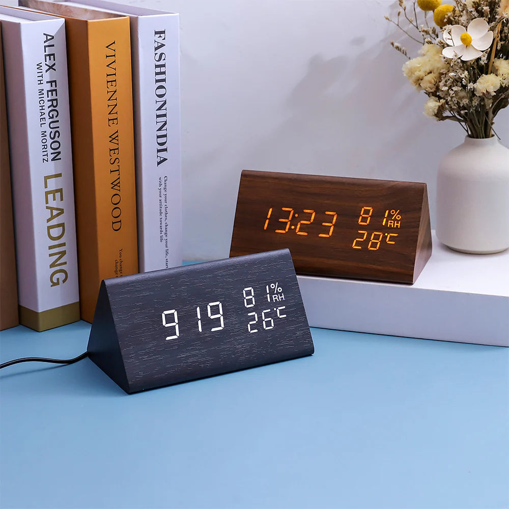 Smart Digital Clock with Wooden Frame Shows Time, Temp, and Humidity
