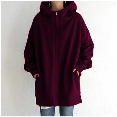 Oversized S-5XL Women Loose Hooded Coats Autumn Female Tie Collar Long Sleeve Zipper up Add Velvet Long Sweatshirt