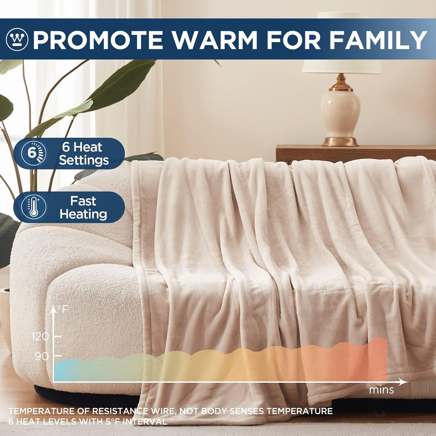 Electric Blanket Heated Throw, Super Cozy Soft Flannel 50"" X 60"" Heated Throw with 6 Fast Heating Levels & 2-10 Auto-Off, Machine Washable, ETL&FCC Certification, Home Office Use, Beige