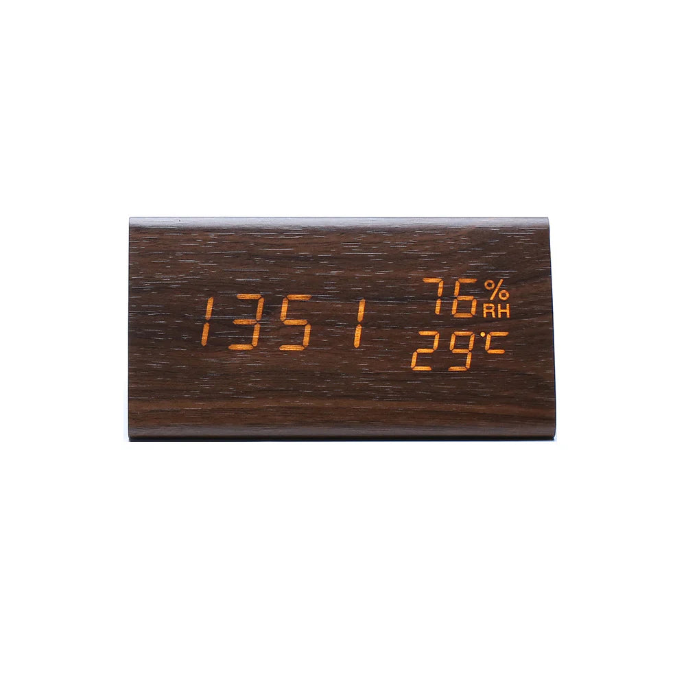 Smart Digital Clock with Wooden Frame Shows Time, Temp, and Humidity