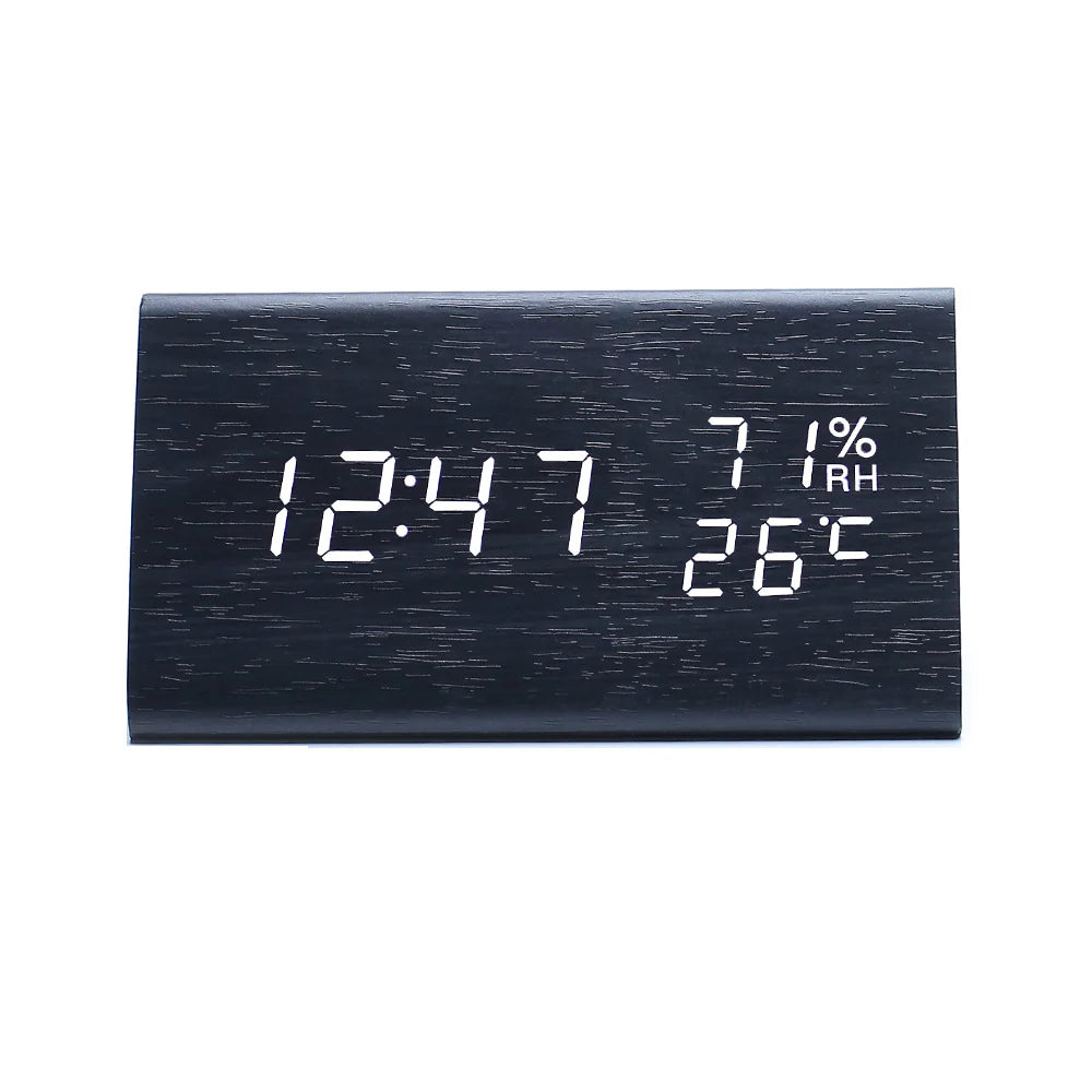 Smart Digital Clock with Wooden Frame Shows Time, Temp, and Humidity