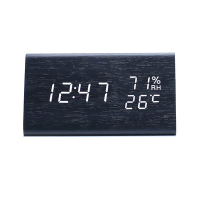Smart Digital Clock with Wooden Frame Shows Time, Temp, and Humidity