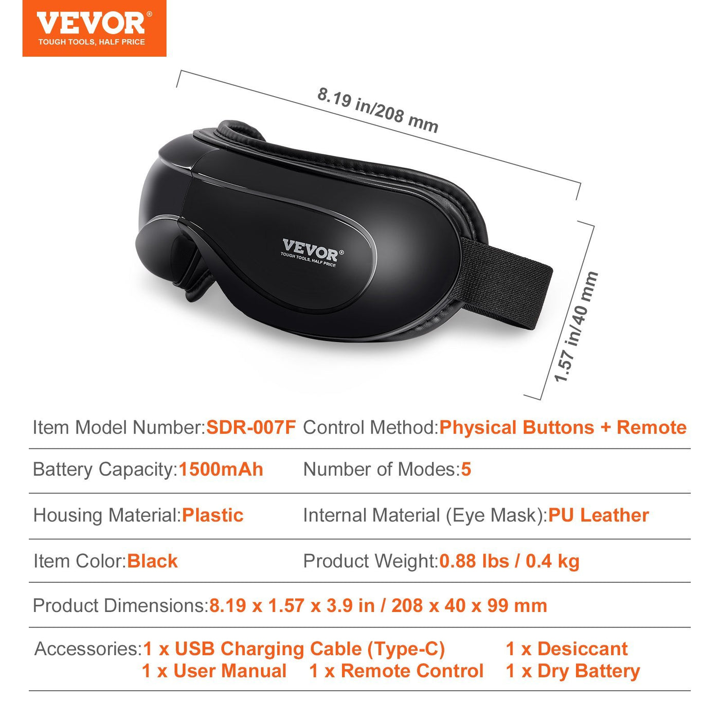 VEVOR Eye Massager With Heat & Remote Eye Care Device 5 Modes Bluetooth Music