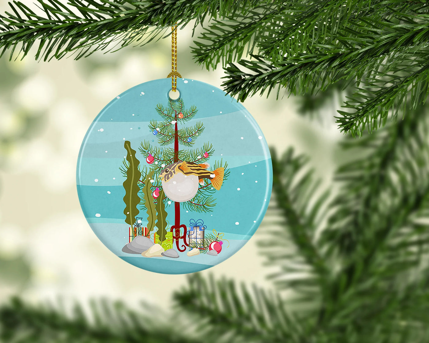 Puffer Fish Merry Christmas Ceramic Ornament