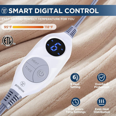 Electric Blanket Heated Throw, Super Cozy Soft Flannel 50"" X 60"" Heated Throw with 6 Fast Heating Levels & 2-10 Auto-Off, Machine Washable, ETL&FCC Certification, Home Office Use, Beige