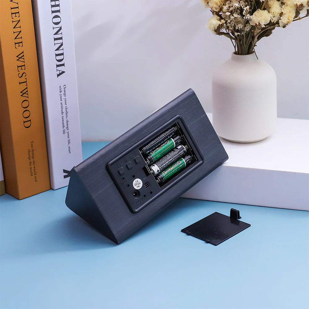 Smart Digital Clock with Wooden Frame Shows Time, Temp, and Humidity