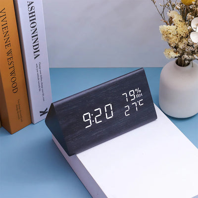 Smart Digital Clock with Wooden Frame Shows Time, Temp, and Humidity
