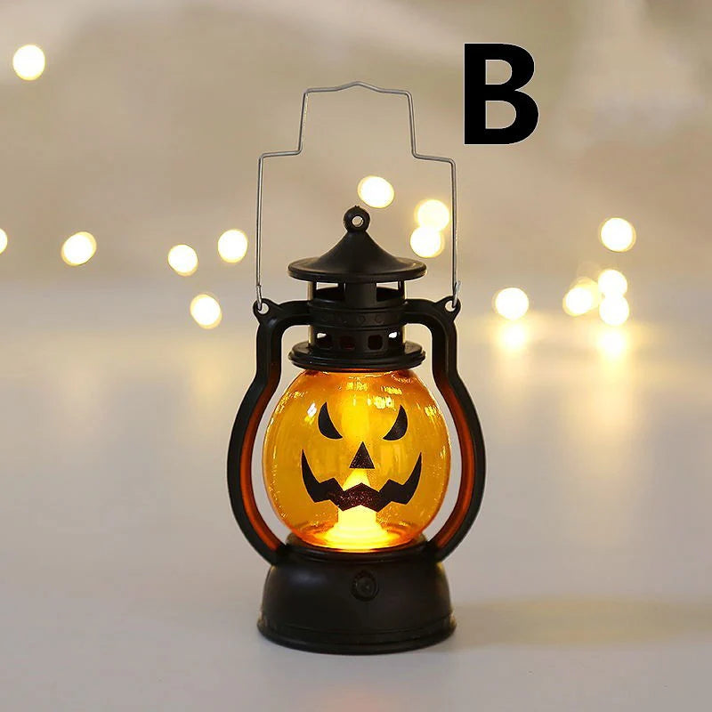 Spooky Portable Lantern with Skull and Pumpkin Design