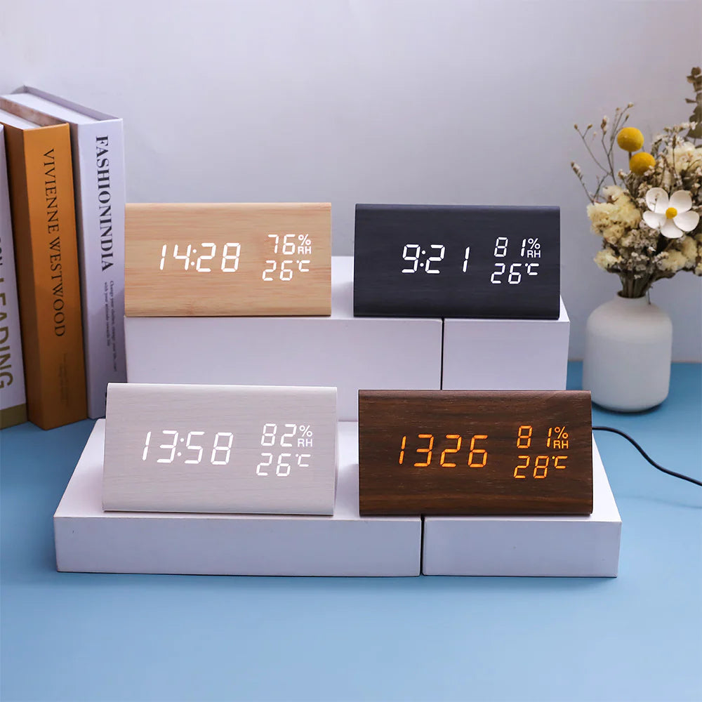 Smart Digital Clock with Wooden Frame Shows Time, Temp, and Humidity