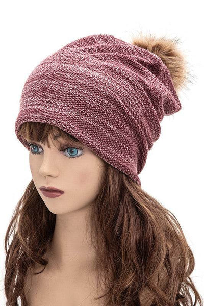 Faux Fur Pom Cotton Blend Slouchy Beanie