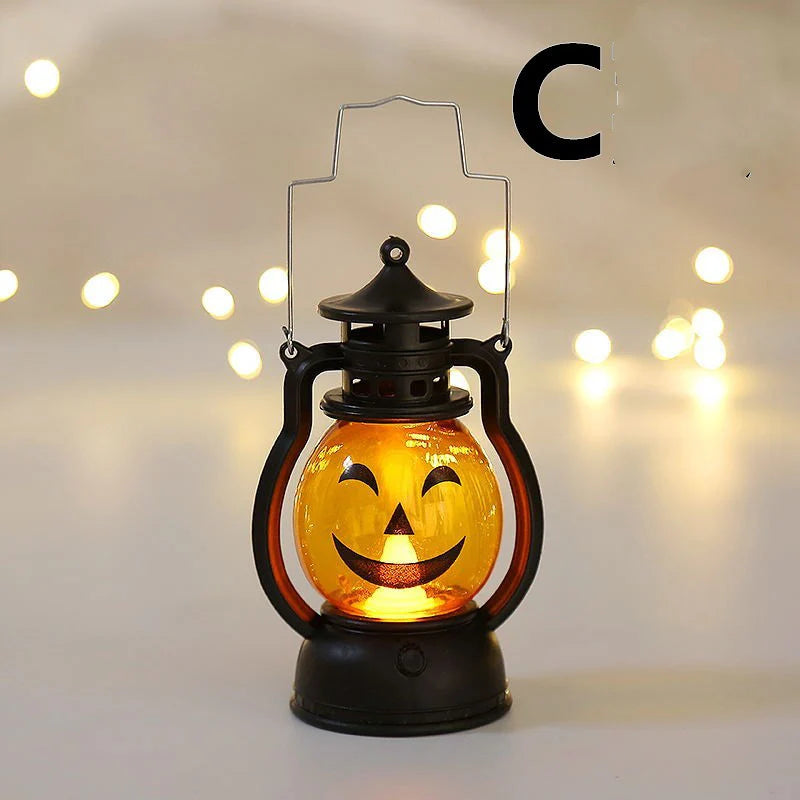 Spooky Portable Lantern with Skull and Pumpkin Design