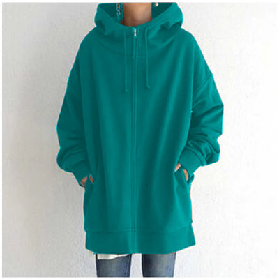 Oversized S-5XL Women Loose Hooded Coats Autumn Female Tie Collar Long Sleeve Zipper up Add Velvet Long Sweatshirt