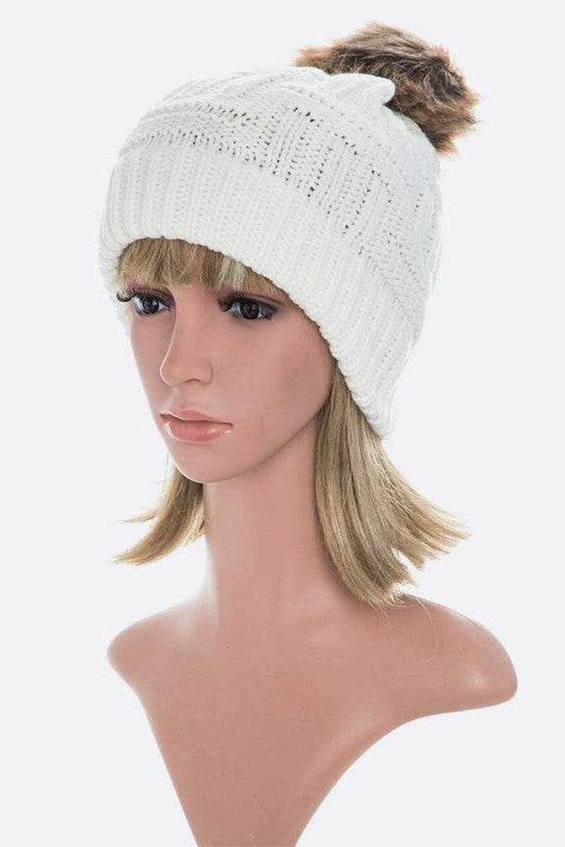Raised Knit Pompom Beanie