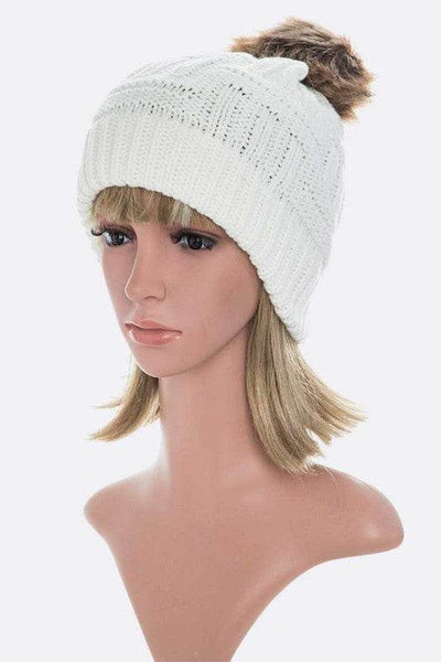 Raised Knit Pompom Beanie